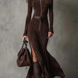 CATARINA - HNĚDÉ VINTAGE DLOUHÉ ŠATY LUXE